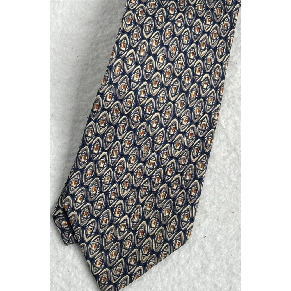 Vintage Valentino Cravette Wide Silk Tie Navy Gray Orange Print Made Italy